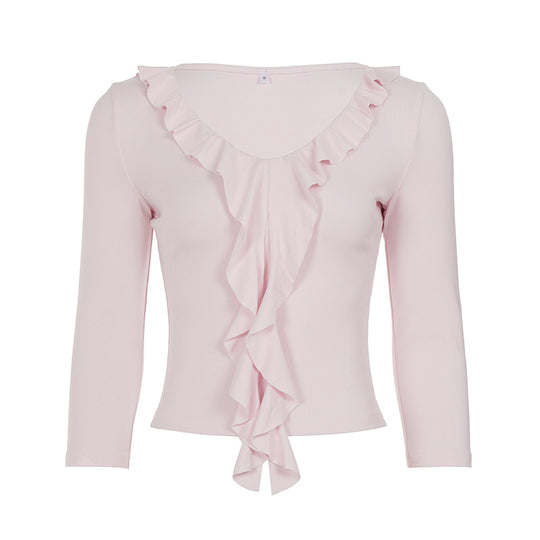Damen nan tailliertes Langarmshirt mit tiefem V-Ausschnitt und eingesetzter Volant-Rüsche Shop Nory
