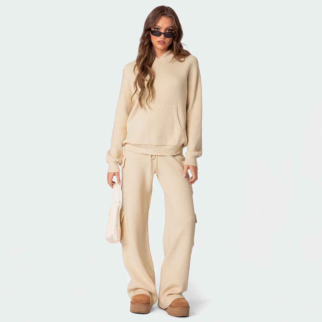 Damen gerippter Kapuzenpullover mit Kängurutasche und leichter Waffelstruktur Shop Nory