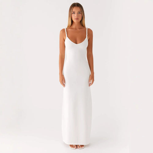 Damen Elegantes Maxirockkleid mit tiefem V-Ausschnitt und feinen Trägern