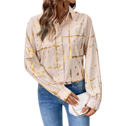 Damen Elegante Langarm-Bluse mit Gold-Folienprint, Hemdkragen und lockerem Schnitt Shop Nory