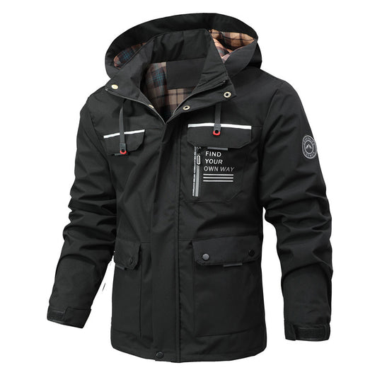 Herren Funktionsjacke mit Kapuze, Utility-Taschen und kariertem Futter Shop Nory