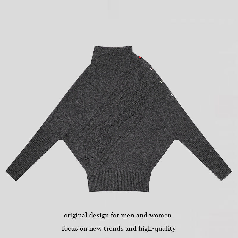 Damen Oversize-Pullover mit Rollkragen, asymmetrischer Schulter-Knopfleiste und Zopfstrick-Details Shop Nory