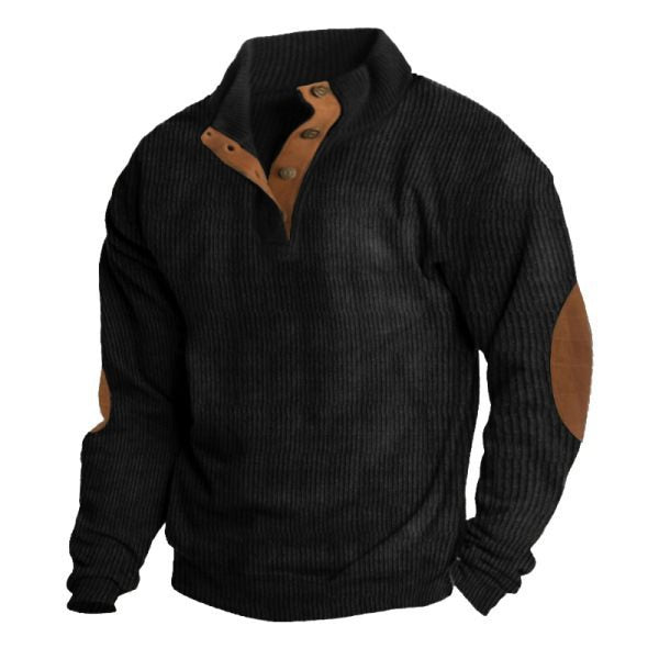Herren Strukturierter Pullover mit Henley-Knopfleiste, Ellbogen-Patches und zweifarbigem Block Shop Nory
