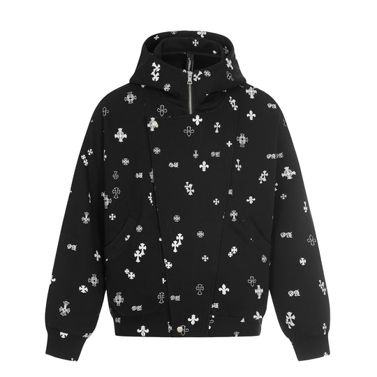 Unisex Boxy-Kapuzenjacke mit halbem Reißverschluss und Allover-Print Shop Nory