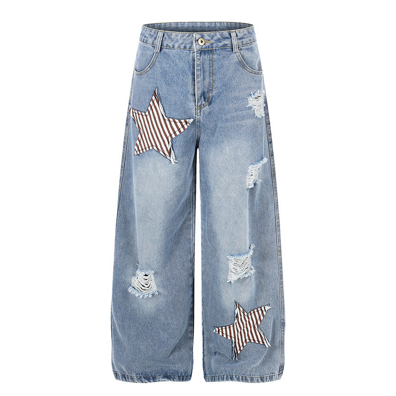 Damen weite hochgeschnittene Jeans mit Stern-Applikationen und Destroy-Effekt Shop Nory