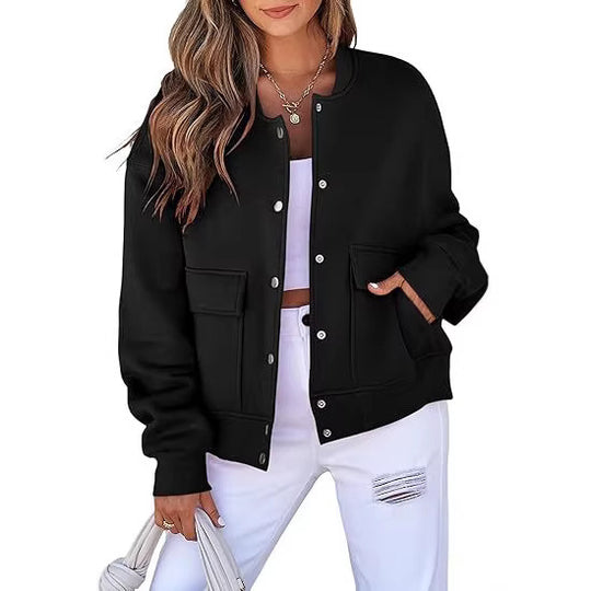 Damen Oversized Bomberjacke aus French Terry mit Druckknopf und aufgesetzten Taschen Shop Nory