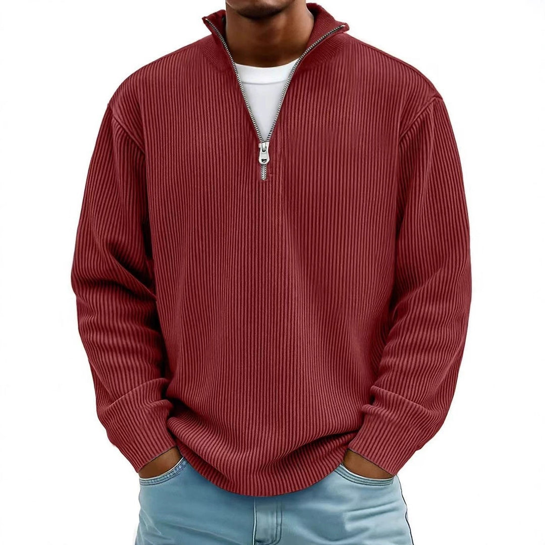 Herren Gerippter Halbzip-Strickpullover mit Stehkragen und lockerer Passform Shop Nory