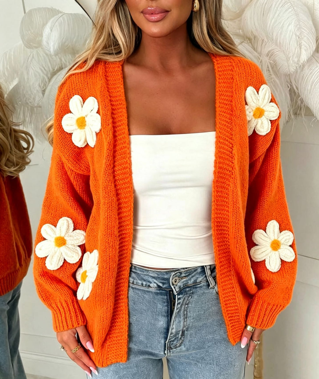 Damen Oversize-Strickcardigan mit 3D-Blumenapplikationen und geripptem Saum Shop Nory