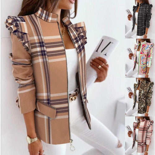 Damen Leoprint-Statement-Jacke mit Rüschen-Schulter und Reißverschluss Shop Nory