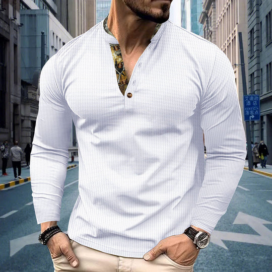 Herren nan langärmeliges Henley-Shirt mit Stehkragen und gemustertem Knopfleistenbesatz Shop Nory