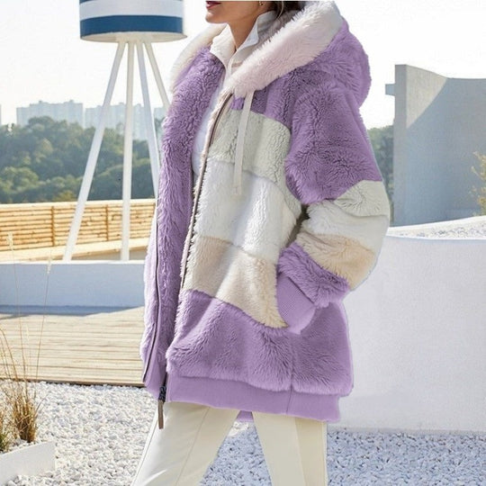 Damen nan Oversize Teddyfell-Kapuzenjacke mit Farbblock-Streifen, hochwertigem Reißverschluss und gerippten Bündchen Shop Nory