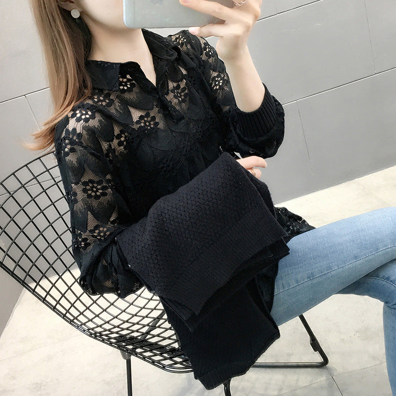 Damen Verspielter Strickpullover mit Spitzenapplikation Shop Nory