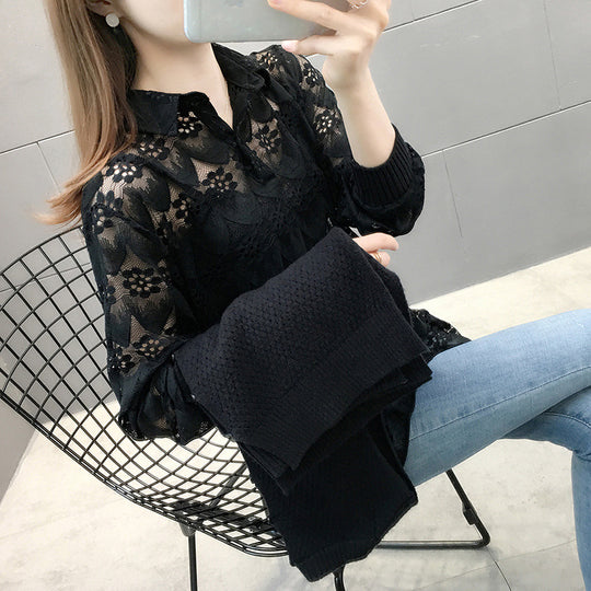 Damen Verspielter Strickpullover mit Spitzenapplikation Shop Nory
