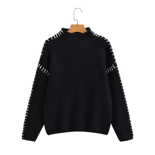Damen Oversize-Strickpullover mit Stehkragen, Ballonärmeln und Ziernaht Shop Nory