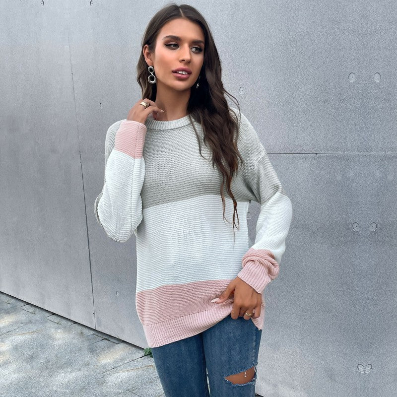 Damen Oversized Waffelstrick-Pullover mit Blockstreifen‑Optik, Raglanärmeln und geripptem Bund Shop Nory