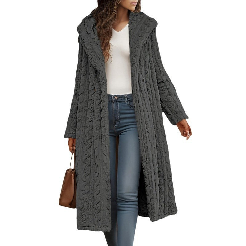 Damen Langer Kapuzen-Teddy-Mantel mit Zopfstrick-Optik Shop Nory