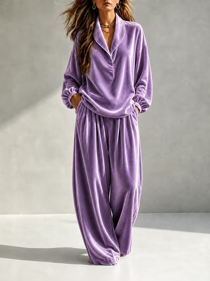 Damen Luxuriöses Velours-Loungewear-Set mit Schalkragen und weiter Palazzo-Hose Shop Nory