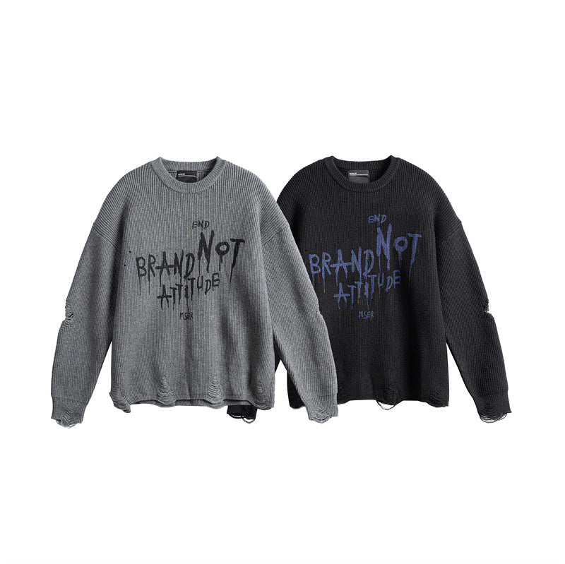 Unisex Oversize Strickpullover mit Destroyed Details und Statement Print Shop Nory