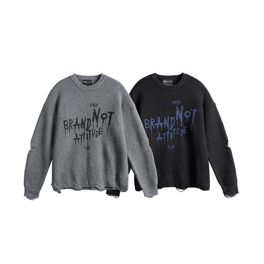 Unisex Oversize Strickpullover mit Destroyed Details und Statement Print Shop Nory