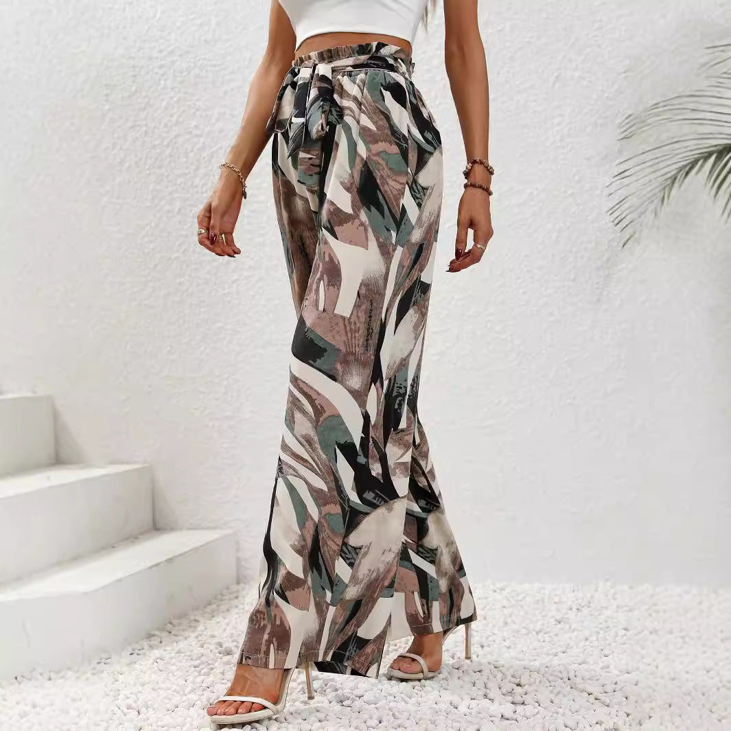 Damen Hochtaillierte und weit geschnittene Leinenoptik Stoffhose mit Bindegürtel Shop Nory
