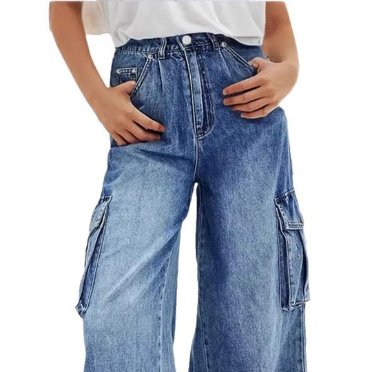 Damen hochtaillierte weite Cargo-Denimhose im Palazzo‑Stil mit aufgesetzten Seitentaschen Shop Nory