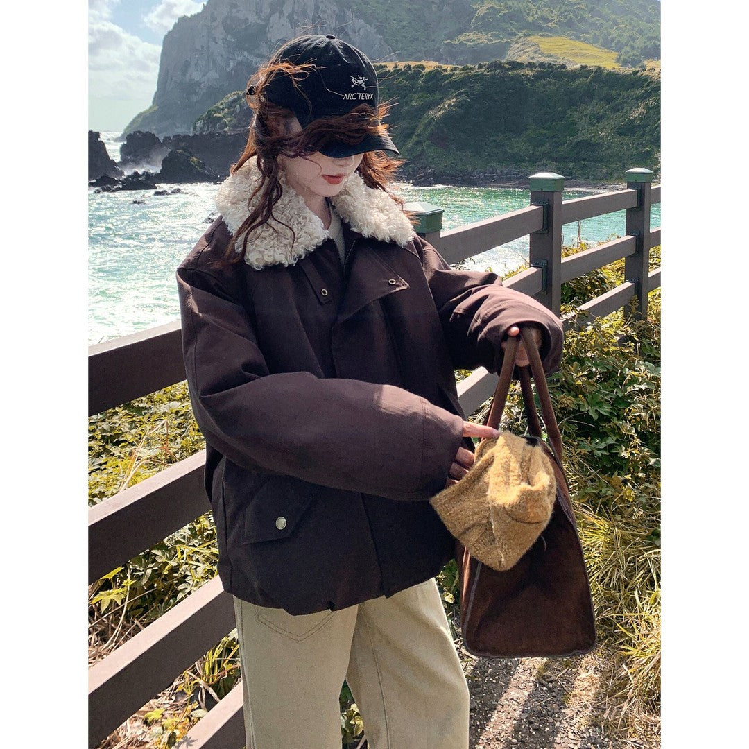 Damen Oversize-Kurzjacke mit Teddykragen und Pattentaschen Shop Nory