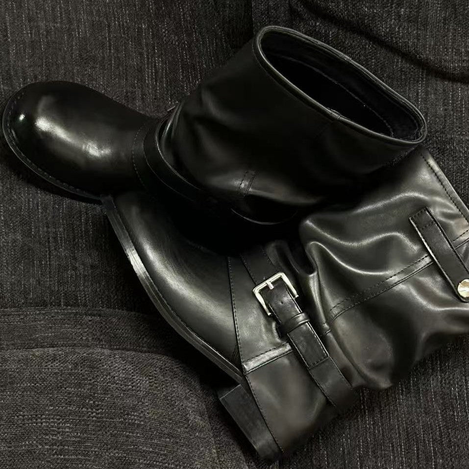 Damen Lederstiefel mit modischen Schnallenverzierungen Shopnory