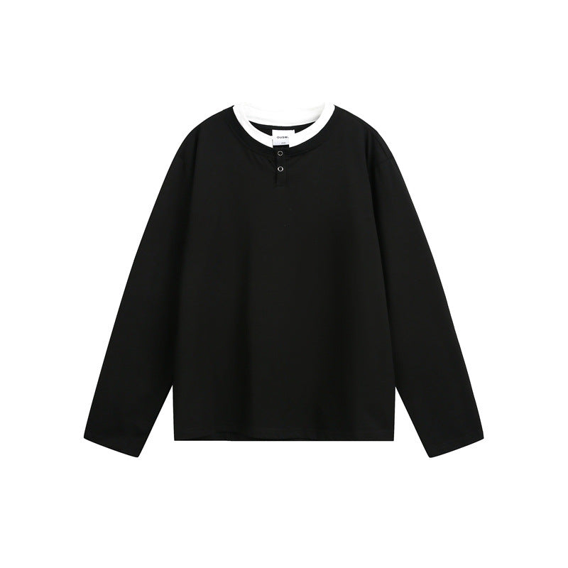 Unisex Lässiges Layering-Henley-Langarmshirt mit Kontrast-Doppelkragen Shop Nory