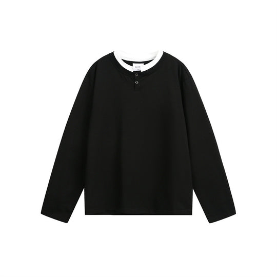Unisex Lässiges Layering-Henley-Langarmshirt mit Kontrast-Doppelkragen Shop Nory