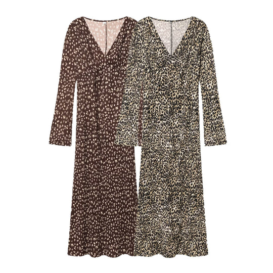 Damen Langärmeliges plissiertes Maxikleid mit V-Ausschnitt und taillenhoher Raffung Shop Nory