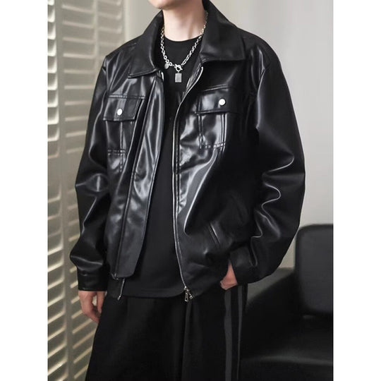 Herren Kurz geschnittene Oversized Kunstleder-Utility-Jacke mit Brustklappen und durchgehendem Reißverschluss Shop Nory