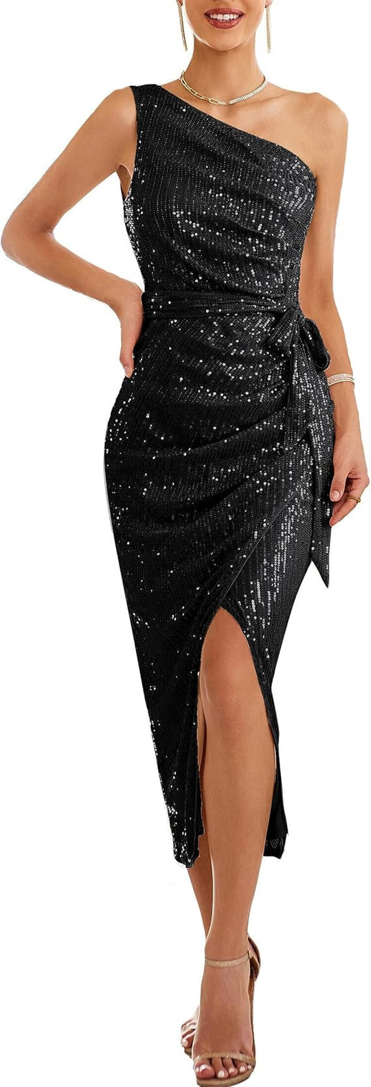 Damen asymmetrisches Abendkleid mit Pailletten und hohem Schlitz