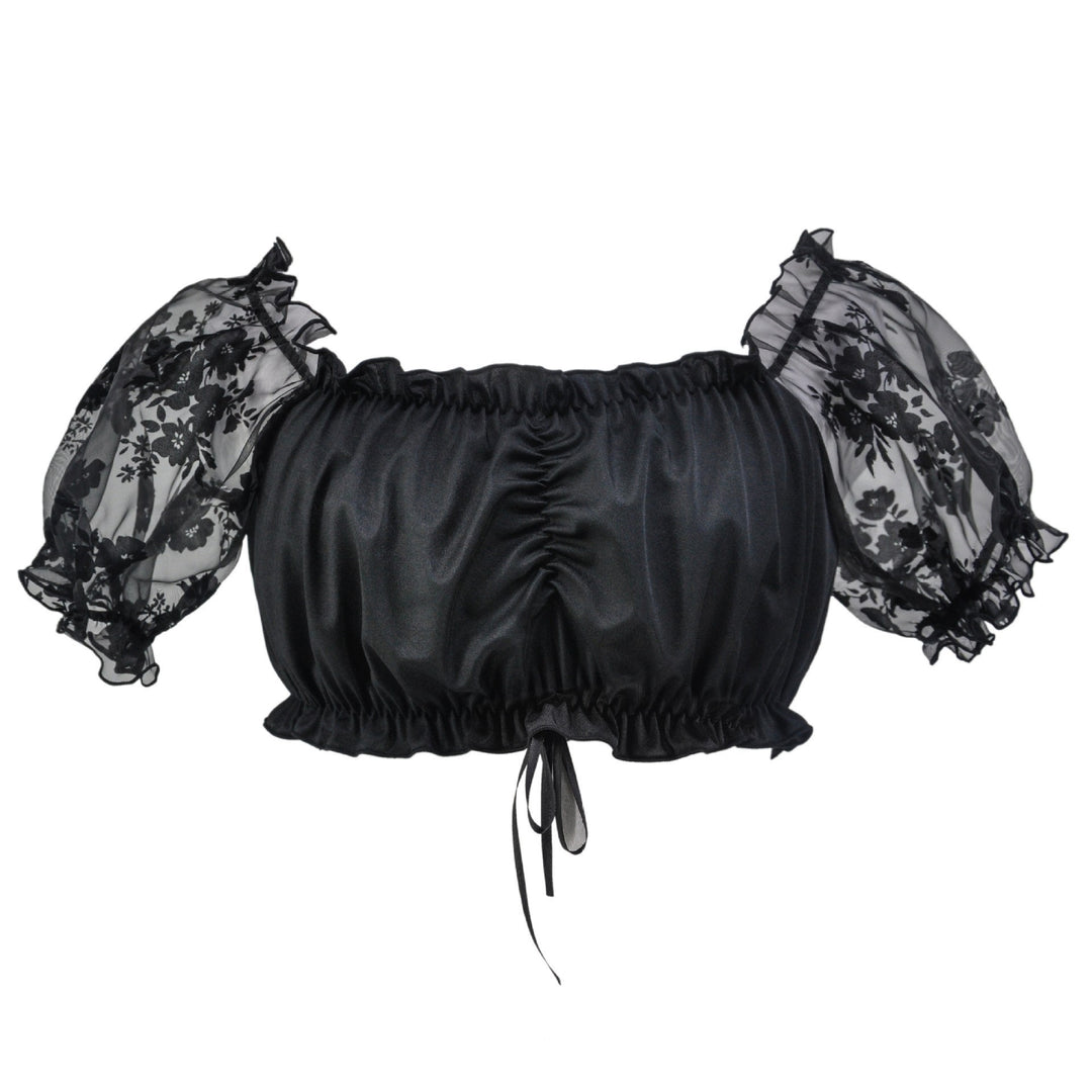 Damen nan bauchfreies Carmen Top mit geraffter Front und transparenten Puffärmeln Shop Nory