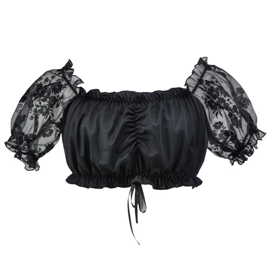 Damen nan bauchfreies Carmen Top mit geraffter Front und transparenten Puffärmeln Shop Nory