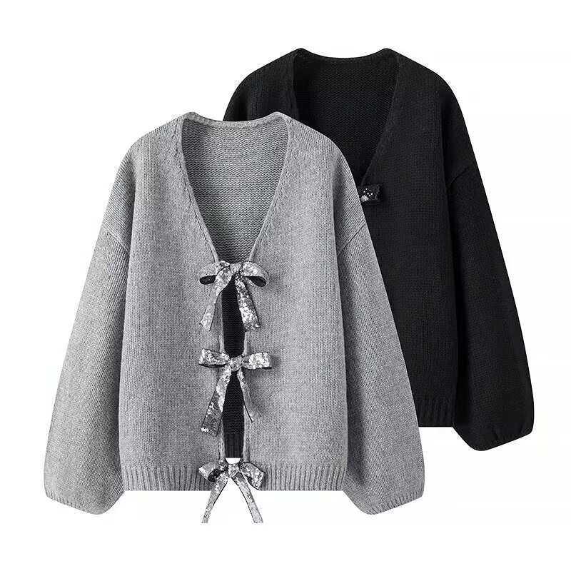 Damen Oversized Strickcardigan mit V-Ausschnitt und Pailletten‑Schleifen Shop Nory