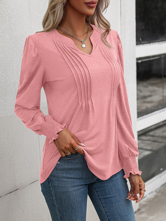 Damen nan Langarmshirt mit V-Ausschnitt, dekorativen Kellerfalten vorn und elastischen Smokbündchen Shop Nory