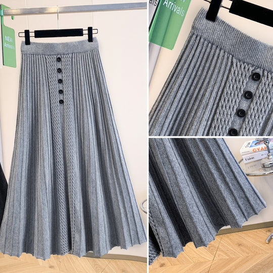Damen Plissierter Maxirock mit Knopfdetails und feinem Wellenmuster Shop Nory