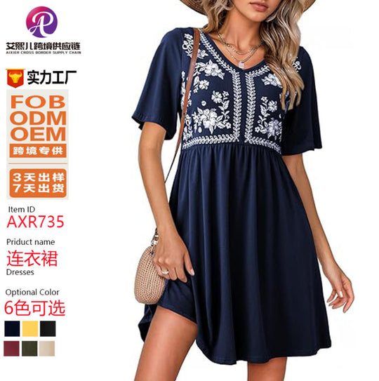 Damen Besticktes Empire-Kleid mit V-Ausschnitt, Kurzärmeln und ausgestelltem Rock Shop Nory