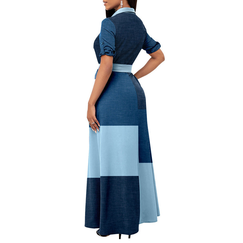 Damen Maxikleid Hemdblusenstil mit Taillengürtel und Blockpatch-Design Shop Nory