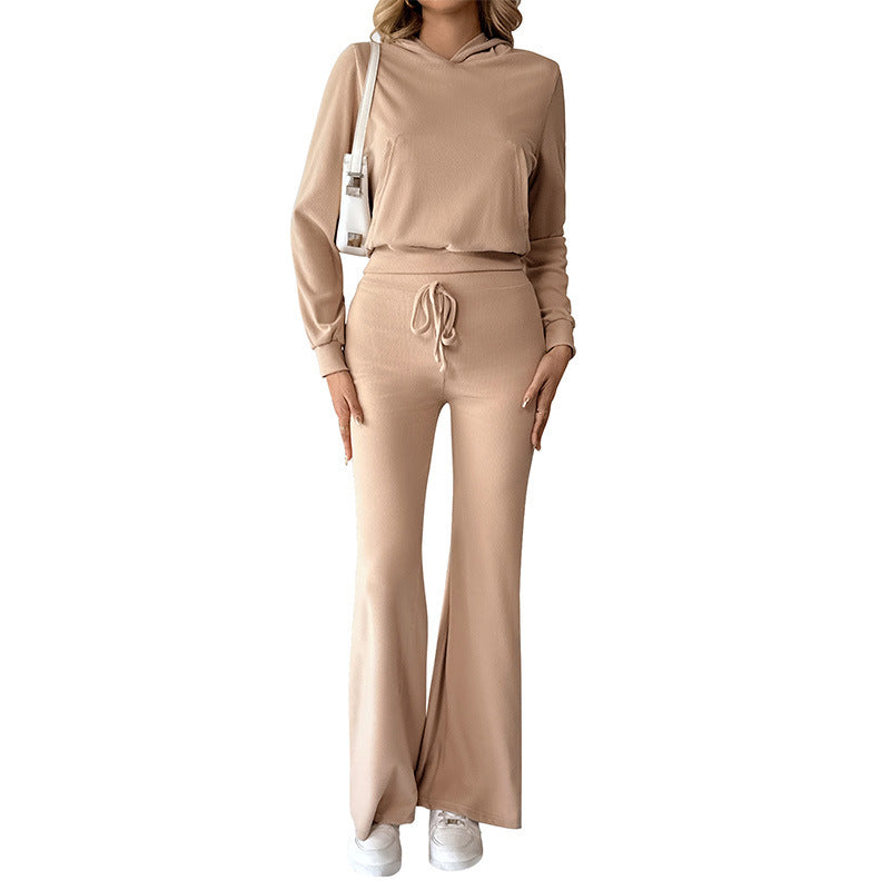 Damen Lässiges Lounge-Set mit Kapuzenoberteil und hochtaillierter Schlaghose Shop Nory