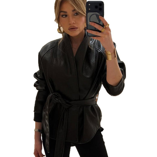 Damen Taillierte Lederjacke mit Wickelgürtel und Kimono-Kragen Shop Nory