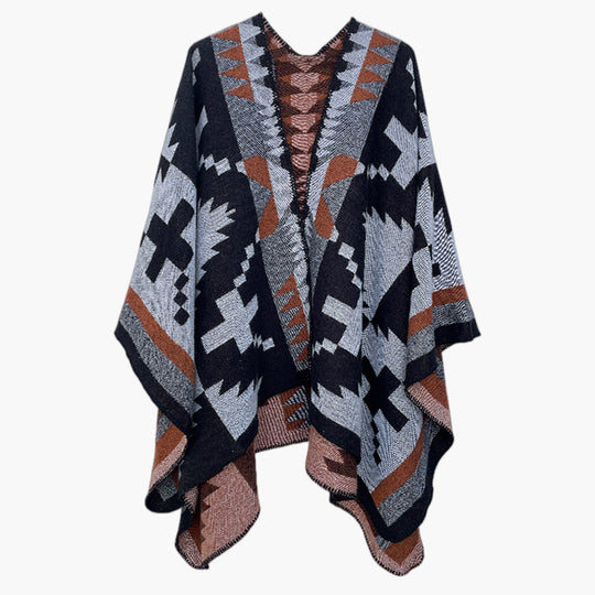 Damen Oversize-Strickcape mit Azteken‑Jacquard, V‑Ausschnitt und weichfallendem Saum Shop Nory