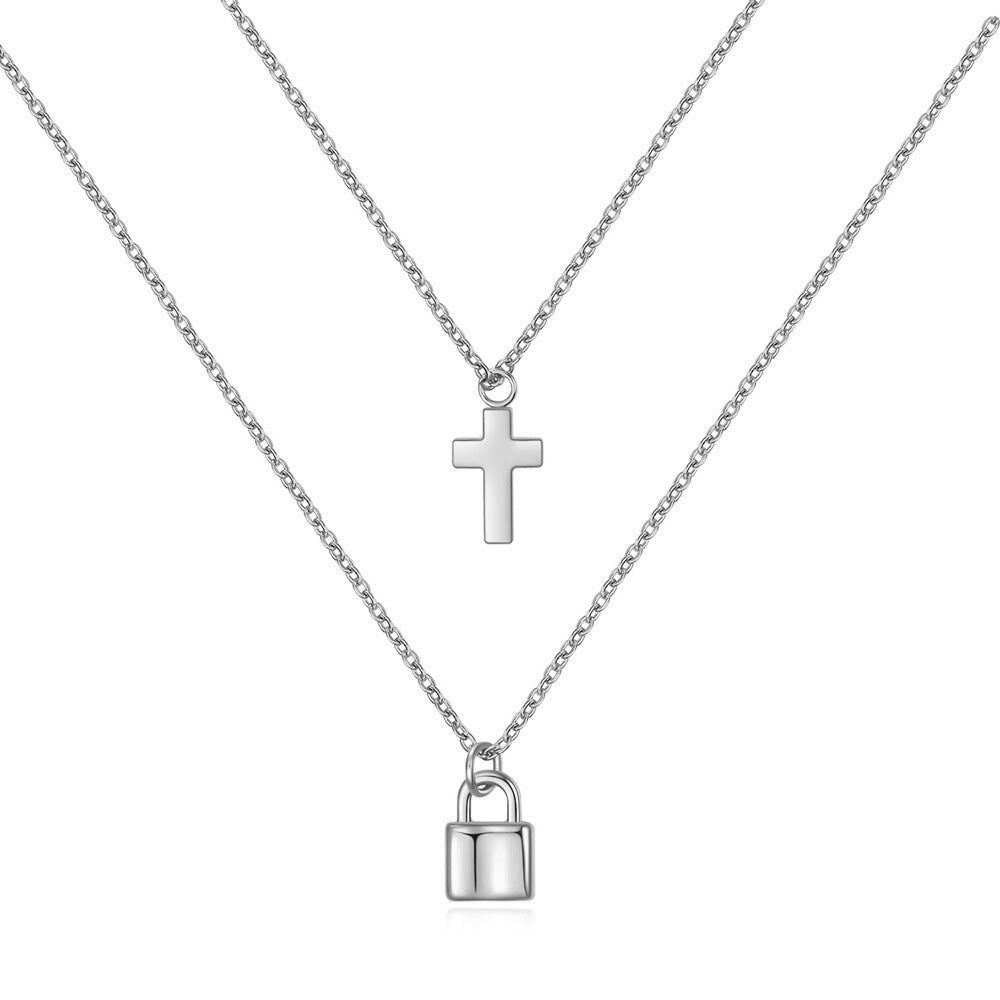 Damen Halskette mit doppeltem Anhänger in Form eines Kreuzes und eines Schlosses Shop Nory