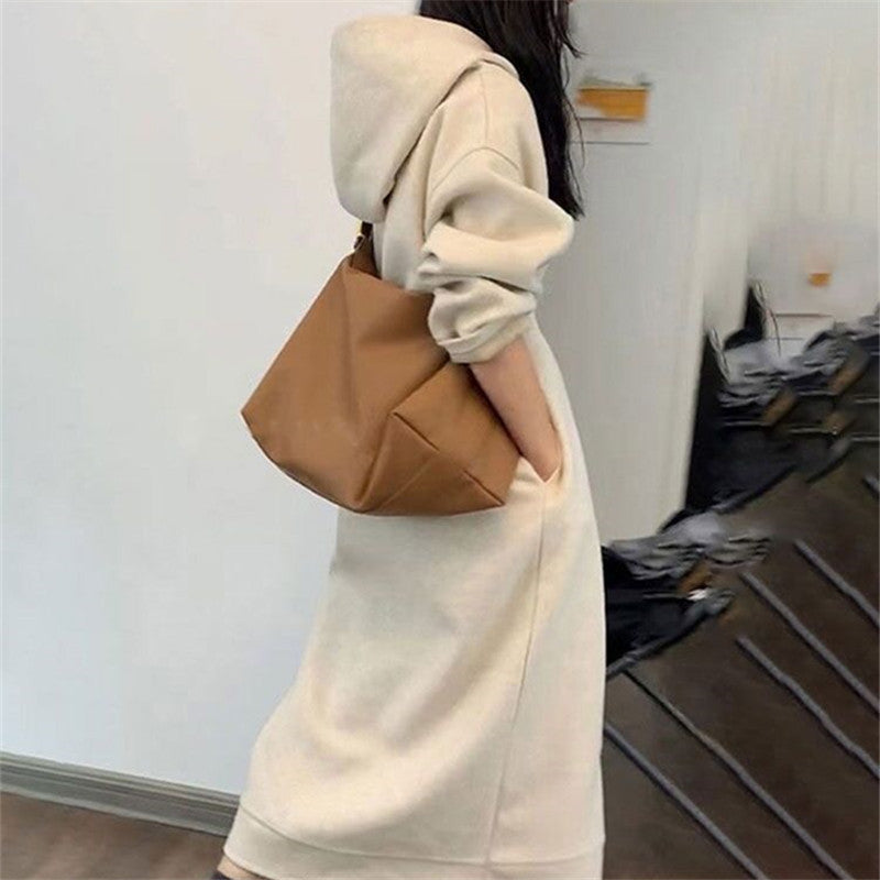 Damen Langes Oversize-Kapuzen-Sweatkleid mit Eingrifftaschen und legerer Maxi-Silhouette Shop Nory