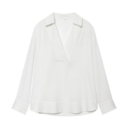Damen Locker fallende Leinenoptik Bluse mit V‑Ausschnitt, Hemdkragen und Umschlagmanschetten Shop Nory