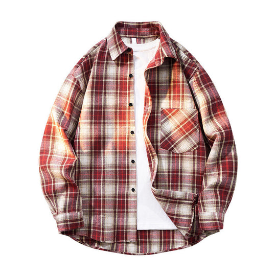 Herren kariertes Oversized Flanellhemd mit aufgesetzter Brusttasche, Rundem Saum und durchgeknöpfter Vorderseite Shop Nory