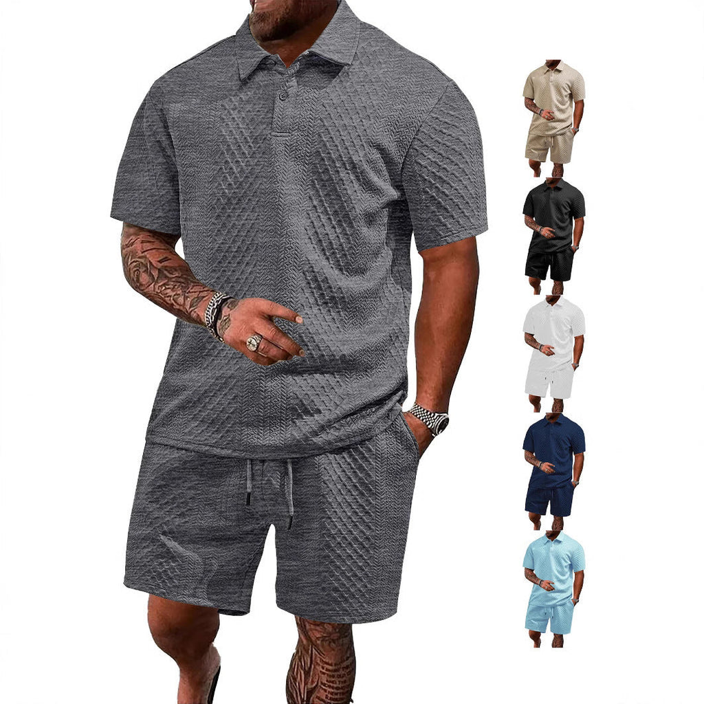 Herren nan geprägtes Waffel-Polo mit Kentkragen und elastischer Tunnelzugshorts im Set