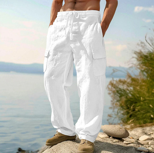 Herren weite Casual-Cargohose aus Leinen-Baumwollmix mit Elastikbund, Tunnelzug und großen Pattentaschen Shop Nory