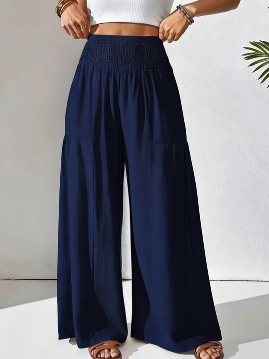 Damen weite Palazzo-Hose mit gerafftem Smock-Bund und Stufendetails Shop Nory