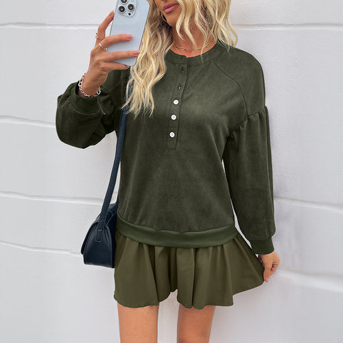 Damen Velours-Henley-Sweatshirt mit Raglan-Ärmeln und Ballonärmeln Shop Nory